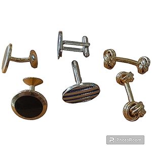 Personalized Silver cufflinks for Tuxedo Shirt set of 3 blue stripe, black, knot